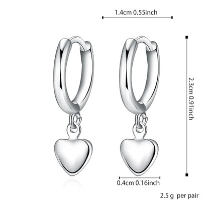 Charming Sterling Silver Heart Dangle Hoop Earrings - White Gold Plated, Huggie Style, Gift for Women