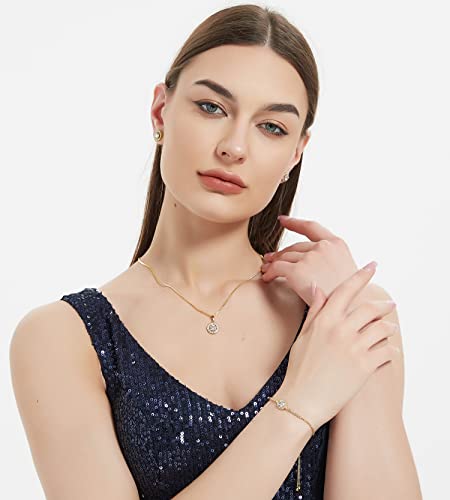 Bridesmaid Bride Wedding Jewelry Set - Round Cubic Zirconia | Earrings Necklace Bracelet Set, Hypoallergenic Prom Party Jewelry Gift for Her - color: Gold