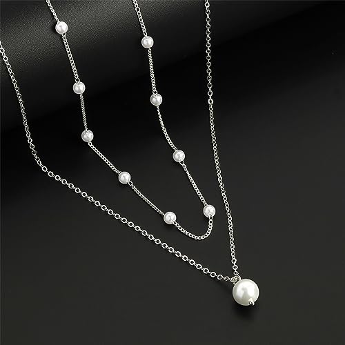 Gold Pearl Necklace For Women - 14K Gold Plated Layered Herringbone Chain Pearl Necklace, Trendy Simple Gold Jewelry Gift - color: Layered Satellite Pearl-Silver
