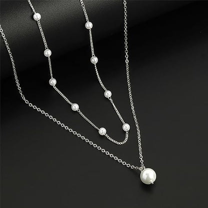 Gold Pearl Necklace For Women - 14K Gold Plated Layered Herringbone Chain Pearl Necklace, Trendy Simple Gold Jewelry Gift - color: Layered Satellite Pearl-Silver
