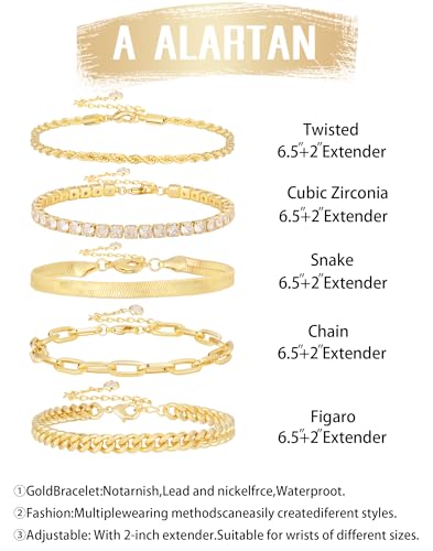 Gold Bracelets for Women 14K Gold Plated Stack Trend Bracelets Charm Paperclip Chain Cuban Link Layered Waterproof Bracelet Dainty Bracelet for Women Jewelry Gifts - color: 5Pcs Gold