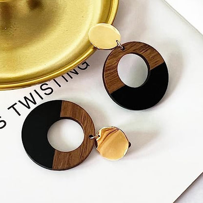 Wooden Geometric Clip On Earrings Women Gold Black Wood Non Pierced Ears Dangle Drop Earrings Triangle Leaf Comfortable Clip Earrings Jewelry - color: Circle_Black+Gold