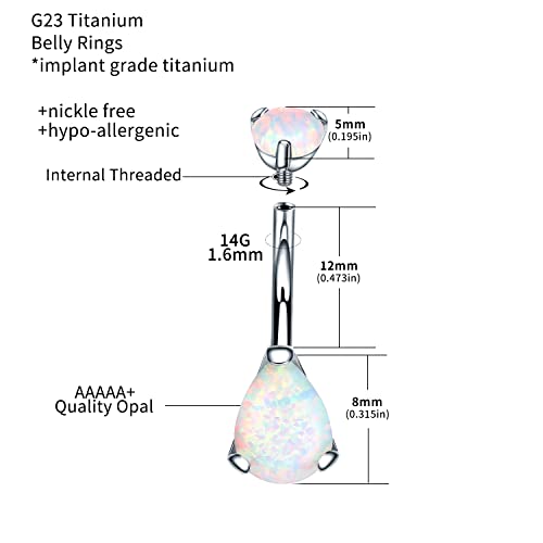 VOJO G23 Titanium Belly Button Rings Cubic Zircon Opal Hypoallergenic Threaded 14G Diamond Navel Body Piercing Jewelry Birthstone for Women - color: Teardrop White Opal