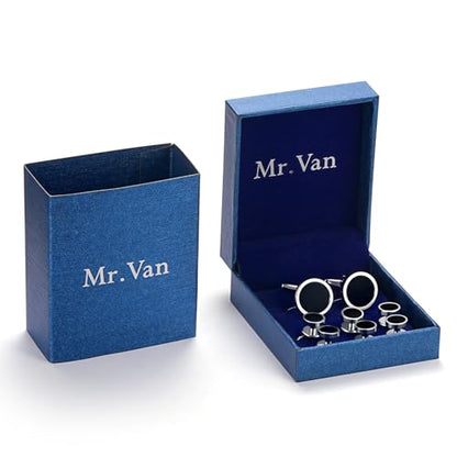 Men's Black Onyx Cufflink & Tuxedo Shirt Stud Set, 16mm Rhodium-Plated Brass, Elegant Gift Box - style: 2 cufflinks & 6 studs