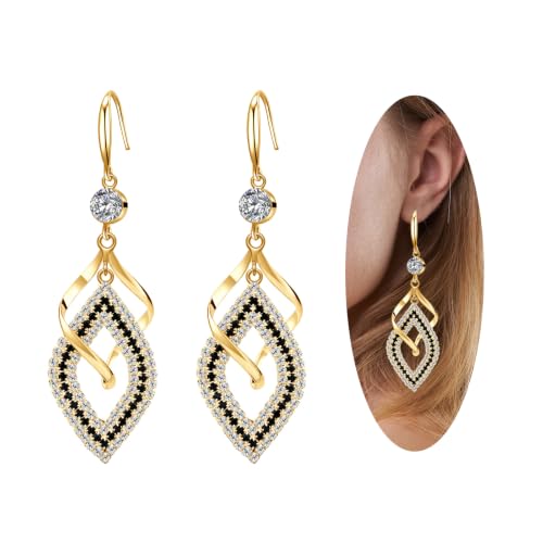 Bohemian Long Drop Dangle Earrings for Women, Chic Boho CZ Wedding Jewelry | Hypoallergenic 14K Gold 925 Sterling Silver Handmade Linear SwirlWire Diamond Earrings,Christmas&Mother's Day,Gifts for Women - color: Gold