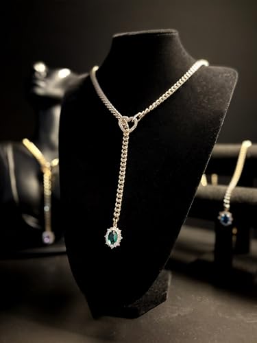 Women's Heart O-Ring Slip Chain Necklace, Double Layered Adjustable 39'' Cuban Chain with Detachable Heart Clasp and Colorful Rhinestone Pendant - color: 25'' Gold-Emerald Green
