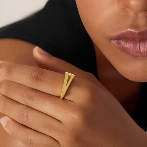 Cicy Bell Initial Rings for Women 18k Gold Plated Adjustable Rings | Open Signet Rings, Bold Letter, Personalized Engraved, For Party - color: Initial-V