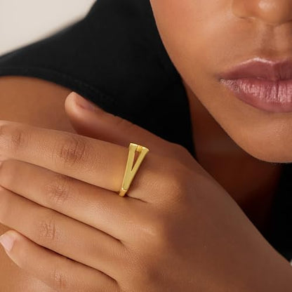 Cicy Bell Initial Rings for Women 18k Gold Plated Adjustable Rings | Open Signet Rings, Bold Letter, Personalized Engraved, For Party - color: Initial-V