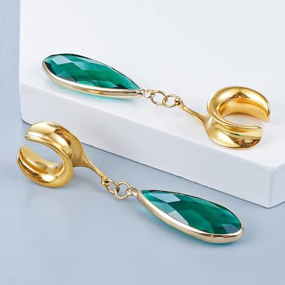 1 Pair Saddle Gauges Earring with Green Crystal Stone Ear Dangle Plugs Tunnels 00G 6mm-25mm (0G-1") Body Piercing Jewelry - color: Gold-1569, size: 25 mm