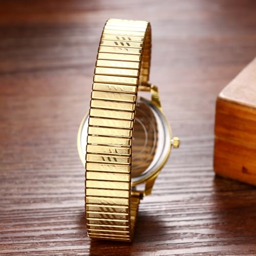 Avaner Stretch Band Wrist Watches: Elastic Strap Bangle Big Number Easy Reader Analog Quartz Wristwatch for Men Women - color: Gold Band Black Dial (for men)