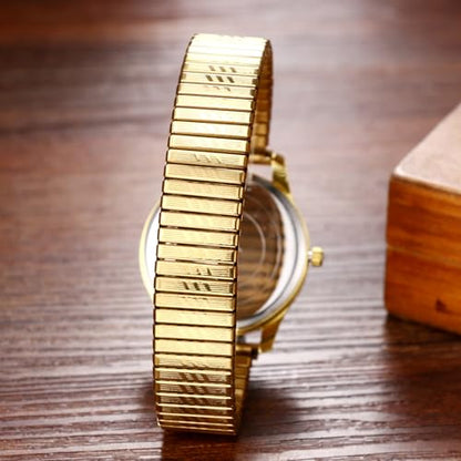 Avaner Stretch Band Wrist Watches: Elastic Strap Bangle Big Number Easy Reader Analog Quartz Wristwatch for Men Women - color: Gold Band Black Dial (for men)