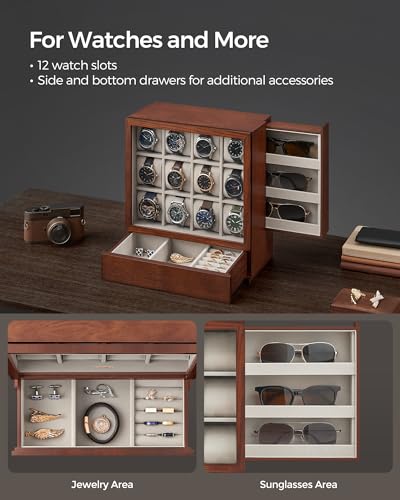 SONGMICS Watch Box 12-Slot Watch Display Case with Window | Solid Wood Veneer, Velvet Lining, Vertical Storage, Space Saving, Gift Idea, Coffee Brown, UJOW014K01 - color: Coffee Brown, size: 12 Slot