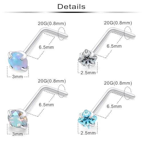 Hypoallergenic Nose Rings Studs 18G & 20G Surgical Steel Nose Studs L Shaped Nostril Piercing Jewelry with Cubic Zirconia for Women & Men - color: 20g,L-shape,crystal+opal