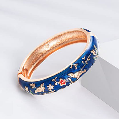 UJOY Cloisonne Indian Bangle Colored Crystal Plated Hinge Cuff Bracelet Hollowed Bird Enamel Jewelry Gift 55C49 - color: 2 Pcs/set-Navy Blue