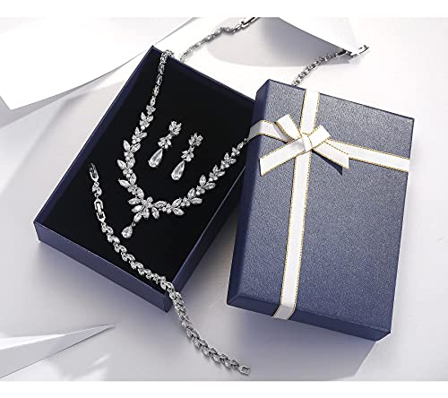 Jewelry Set for Women, Cubic Zirconia Necklace Dangle Earrings & Bracelet Jewelry Set for Bride Bridesmaid Wedding Engagement Prom Party - style: Silver-Necklace+Bracelet+Earrings