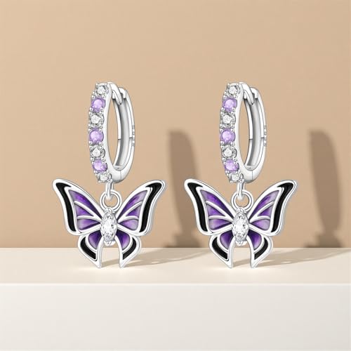 925 Sterling Silver Hoop Earrings Drop Dangle Earrings for Women Hypoallergenic Earring Trendy Huggie Earring Cute Graduation Birthday Gifts Jewelry for Women - color: Purple butterfly earrings
