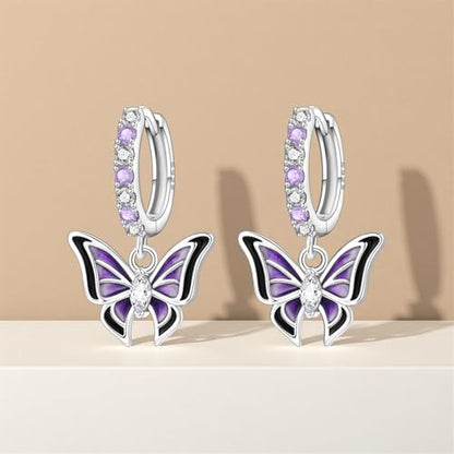 925 Sterling Silver Hoop Earrings Drop Dangle Earrings for Women Hypoallergenic Earring Trendy Huggie Earring Cute Graduation Birthday Gifts Jewelry for Women - color: Purple butterfly earrings