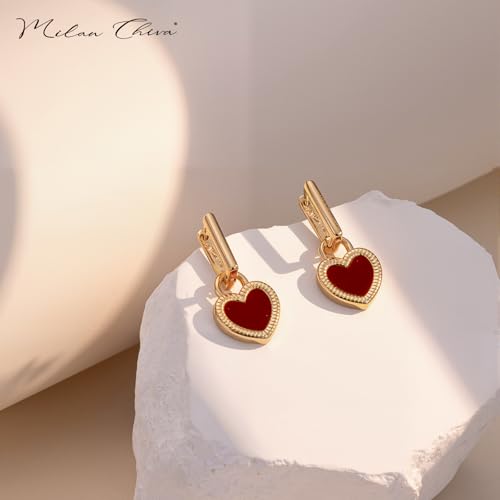 Milan Chiva 14K Gold Plated Small Huggie Dangle Earrings | Lightweight Trendy Heart Dainty Jewelry Hypoallergenic Chunky Gold Hoops Earrings Jewelry Mothers Day Gift for Women - color: B-Red