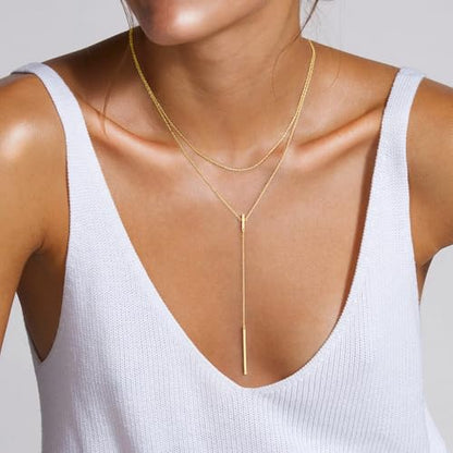 Yoosteel Long 14K-Gold-Plated Necklace for Women,Layered Lariat Necklaces | Dainty Y Drop Necklaces, Western Necklace Stack,Simple Bar Heart Circle Pendant,Prom Choker Chain Jewelry,Trendy Gifts - color: 01-Layered Long Bar Y-Shaped Necklace