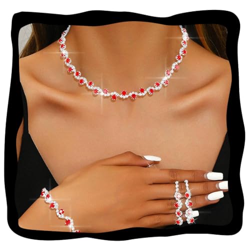 Aukmla Bridal Wedding Jewelry Set Silver Rhinestones Choker Necklaces Earrings Bracelet Sets Prom Jewelry for Women and Brides - color: Red