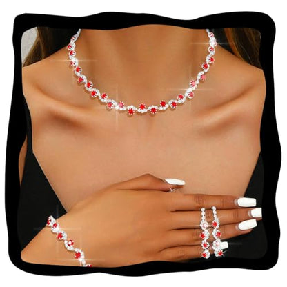 Aukmla Bridal Wedding Jewelry Set Silver Rhinestones Choker Necklaces Earrings Bracelet Sets Prom Jewelry for Women and Brides - color: Red