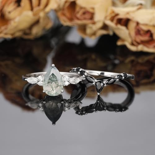 Moss Agate Bridal Wedding Rings Set for Women 925 Sterling Silver | Plated Platinum/Black Gold, Gothic, Vintage, Engagement Promise Ring, Anniversary Valentine Day Birthday Gift for Her - style: Platinum Plating Retro Cluster Ring