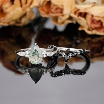 Moss Agate Bridal Wedding Rings Set for Women 925 Sterling Silver | Plated Platinum/Black Gold, Gothic, Vintage, Engagement Promise Ring, Anniversary Valentine Day Birthday Gift for Her - style: Platinum Plating Retro Cluster Ring