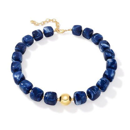 Chunky Beaded Necklace for Women Boho Statement Bead Necklace Adjustable Choker with Polished Disc/Square Beads Trendy Summer Beach Jewelry Gifts - color: Navy Blue