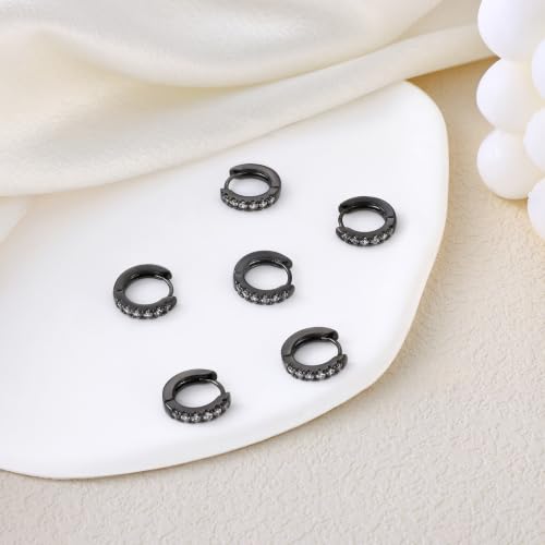 micuco 3 Pairs Small Hoop Earrings Tiny Cartilage Earrings for Women Men | Cubic Zirconia Earrings Huggie Hoop Ear Piercing Earrings for 8mm 10mm 12mm - color: 7# Black 8-8-8mm