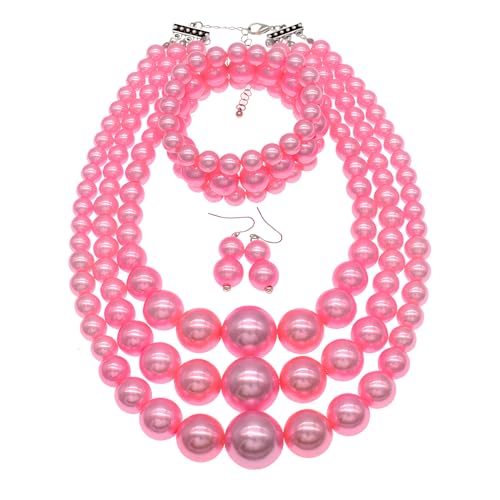 JNF Faux Pearl Statement Necklaces Big Beaded Necklace for Women Chunky Pearls Necklace and Earring Set Large beads Costume Necklace - color: Pink pearl necklace