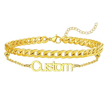 U7 Custom Layered Ankle Bracelets for Women Stainless Steel Bead/Cuban/Figaro/Rope/Wheat Chain Anklet Waterproof Anklet Jewelry for Beach Vacation - color: a-Gold Plated-Cuban Chain