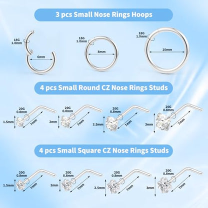 20g Nose Rings Studs and 18g Nose Rings Hoops for Women Men: Hypoallergenic Surgical Stainless Steel Threadless Corkscrew/L Shape/Straight Nose Studs Round Square Simulated Diamond CZ 1.5/2/2.5/3mm Nose Bone Studs Hinged Clicker Segment Nose Hoops Septum