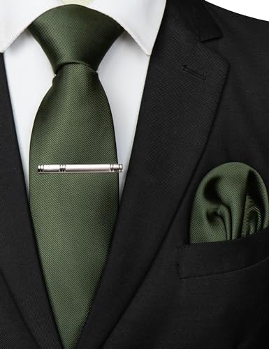 JEMYGINS Solid Color Formal Necktie and Pocket Square Tie Clip Sets for Men - color: Olive Green