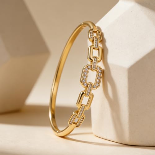 hotoo Gold Plated Bangle Bracelet for Women - style: Diamond-Set Cuban Chain Splicing