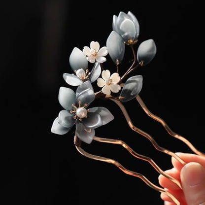 Chinese Hair Sticks,Decorative Hair Fork Pins, Blue and White Floral Design with Pearl Accents Hair Accessories for Women Girls, 4.72 inch