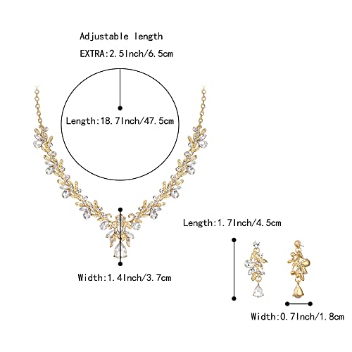 Women's Wedding Jewelry Set Leaf Flower for Bridal Prom Party | Stunning Crystal Teardrop Marquise Cluster Pendant Necklace Dangle Earrings Set for Bride Bridesmaid - color: 03-Clear Gold-Plated-Base