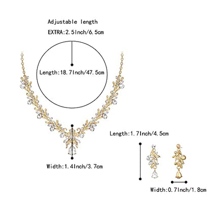 Women's Wedding Jewelry Set Leaf Flower for Bridal Prom Party | Stunning Crystal Teardrop Marquise Cluster Pendant Necklace Dangle Earrings Set for Bride Bridesmaid - color: 03-Clear Gold-Plated-Base