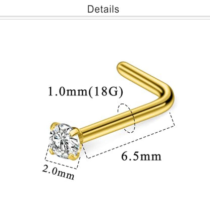 Nose Studs Surgical Steel Nose Rings Studs with Cubic Zirconia 10Pcs Tiny Nostril Rings for Women Screw Bone and L-Shaped Nostril Piercing Jewelry 24G 22G 20G 18G - color: goldtone,L shaped nose studs, size: 18g,2.0mm Clear CZ