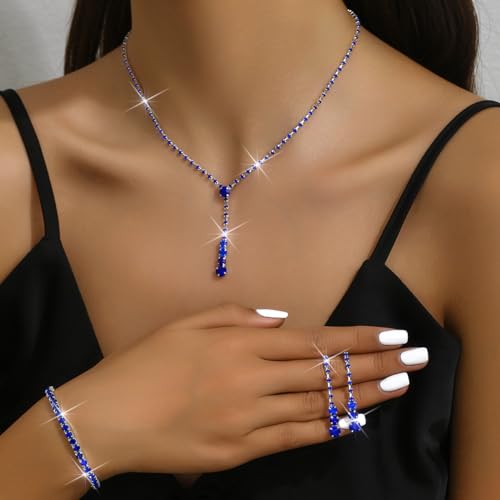 MIFYNN Rhinestone Wedding Set for Women Sparkle Crystal Earrings Necklace Bracelet Jewelry Set Wedding Party Prom Jewelry Set for Brides Bridesmaid - color: Blue
