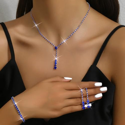 MIFYNN Rhinestone Wedding Set for Women Sparkle Crystal Earrings Necklace Bracelet Jewelry Set Wedding Party Prom Jewelry Set for Brides Bridesmaid - color: Blue