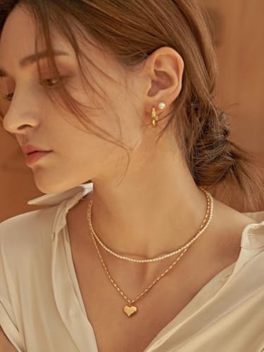 18k Gold Plated Chain Link Necklace for Women, Baroque Pearl/Compass Pendant Necklace - color: Tiny Heart