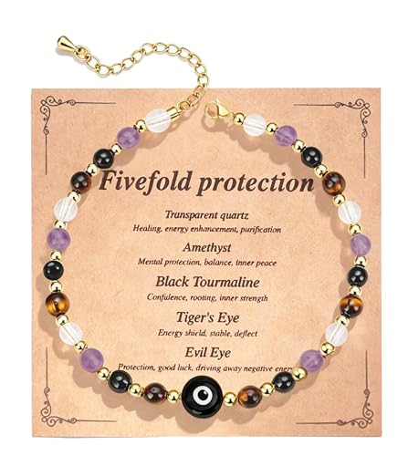 ROYONE Evil Eye Bracelets - 5 Healing Crystals Gift Set，Adjustable Natural Stone Jewelry for Anxiety Relief & Good Luck - color: black