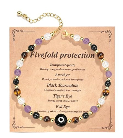 ROYONE Evil Eye Bracelets - 5 Healing Crystals Gift Set，Adjustable Natural Stone Jewelry for Anxiety Relief & Good Luck - color: black