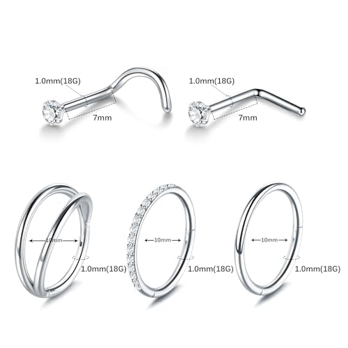Xpircn 5pcs Hoop Nose Rings and L Shaped Nose Rings Stud Set 18G/20G Stainless Steel CZ Helix Conch Daith Tragus Cartilage Hoop Earrings for Women 6mm 7mm 8mm 10mm - color: Silver, size: 18G, 10mm hoop & 7mm studs