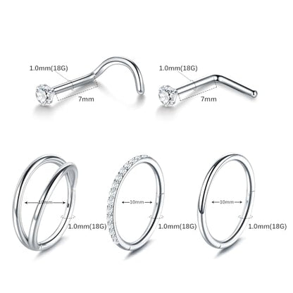 Xpircn 5pcs Hoop Nose Rings and L Shaped Nose Rings Stud Set 18G/20G Stainless Steel CZ Helix Conch Daith Tragus Cartilage Hoop Earrings for Women 6mm 7mm 8mm 10mm - color: Silver, size: 18G, 10mm hoop & 7mm studs