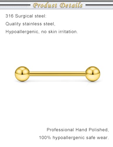16G 14G Surgical Steel Tongue Rings Nipple Rings Industrial Piercing Jewelry Set Multi Size Straight Barbells 12mm 14mm 16mm 19mm 22mm 28mm 32mm 35mm 38mm 40mm 45mm for Women Men - color: goldtone, size: 14g,bar length 19mm