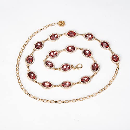 ILuvatar Green Glass Diamond Chain Belt - Metal Women's Western Style Dress Belt - color: Gold-wine Red