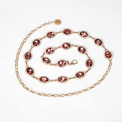 ILuvatar Green Glass Diamond Chain Belt - Metal Women's Western Style Dress Belt - color: Gold-wine Red