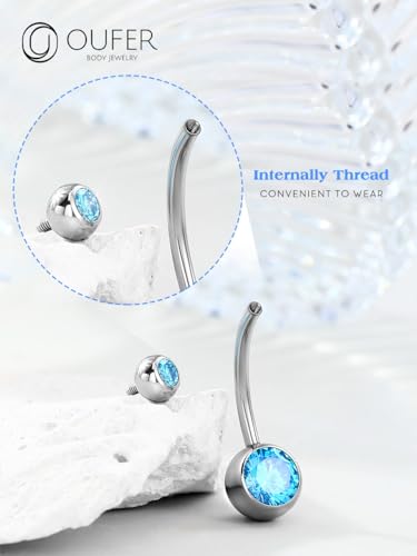 OUFER Titanium Belly Button Rings, Internally Threaded Belly Ring, Round CZ Navel Rings for Women Men - color: Blue, size: 1.6*10MM