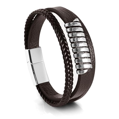 Leather Bracelet for Men Braided Stainless Steel Mens Bracelets - color: Brown 5